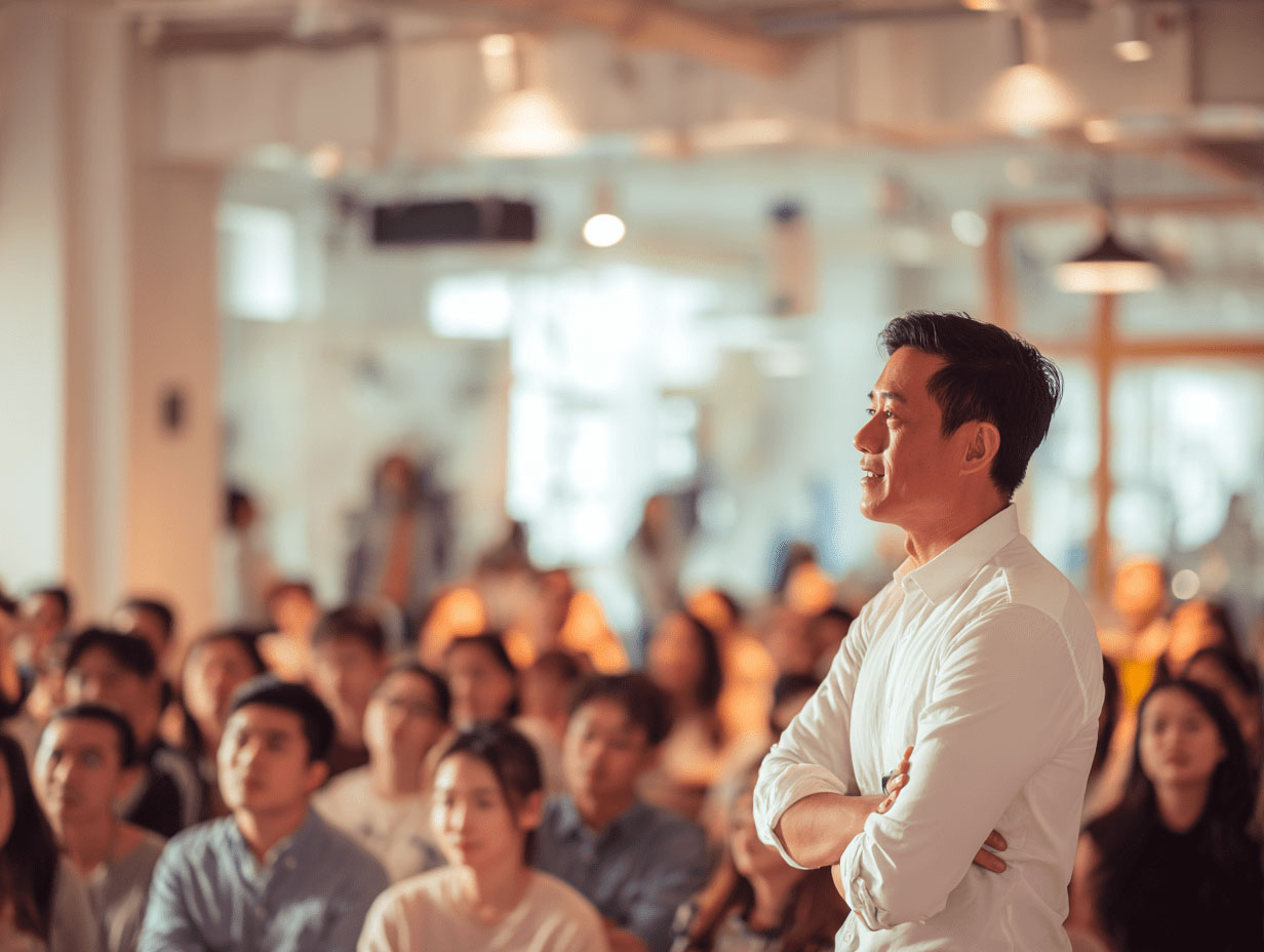 Man speaking to an engaged audience in a seminar.